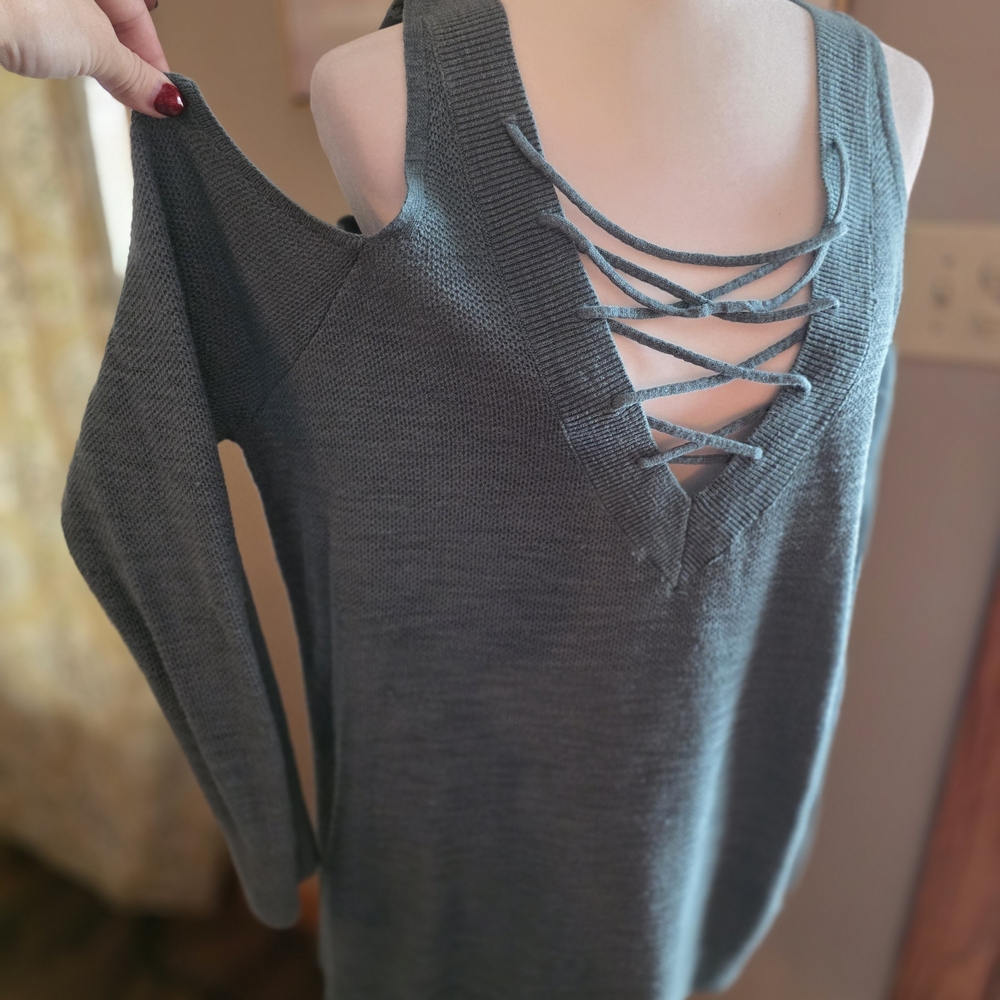 Express Olive Green Scoop Neck Lace-Up Sweater